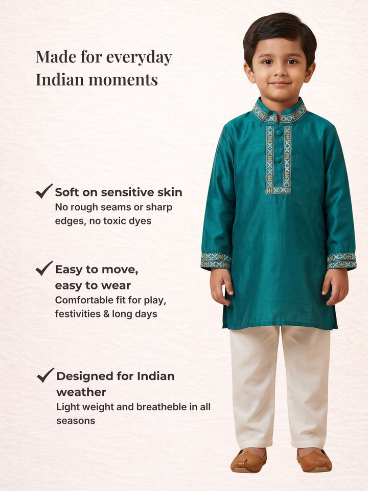 Blue Mashru Embroidered Kurta Pajama