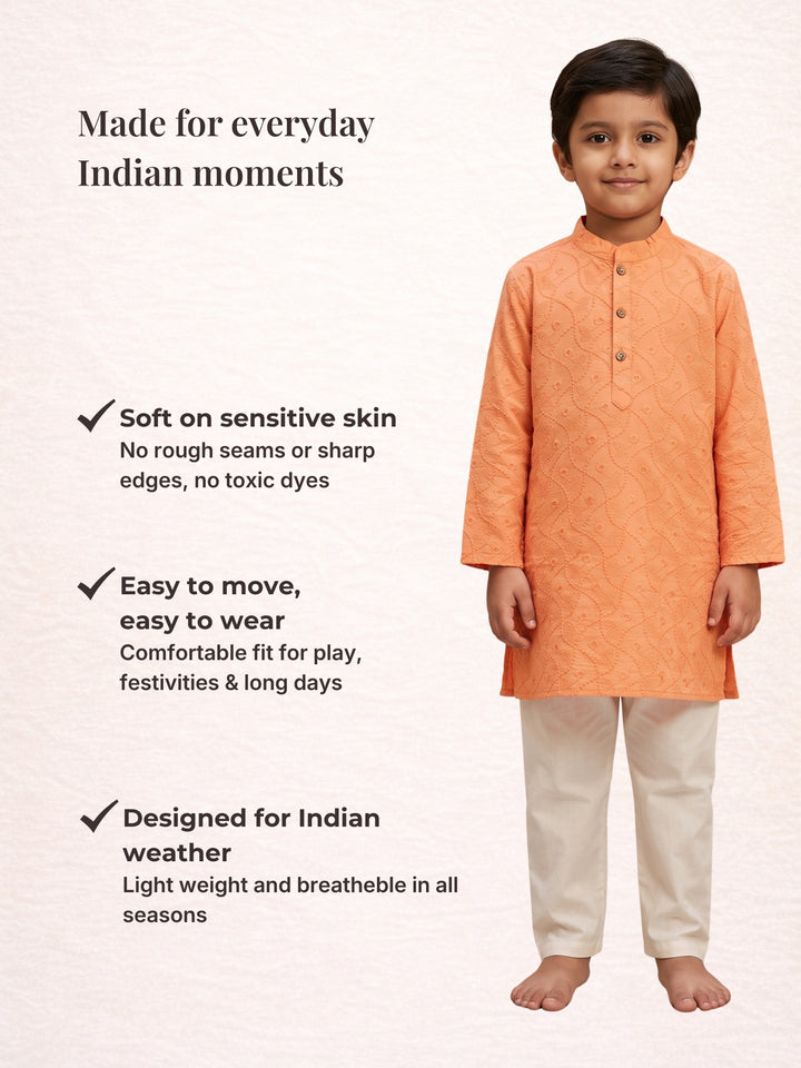 Peach Schiffli Embroidered Kurta Pajama