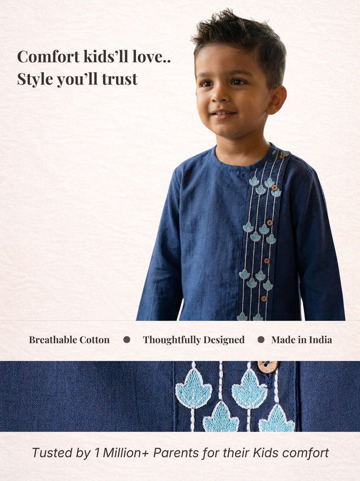 Navy Blue Embroidered Side Cut