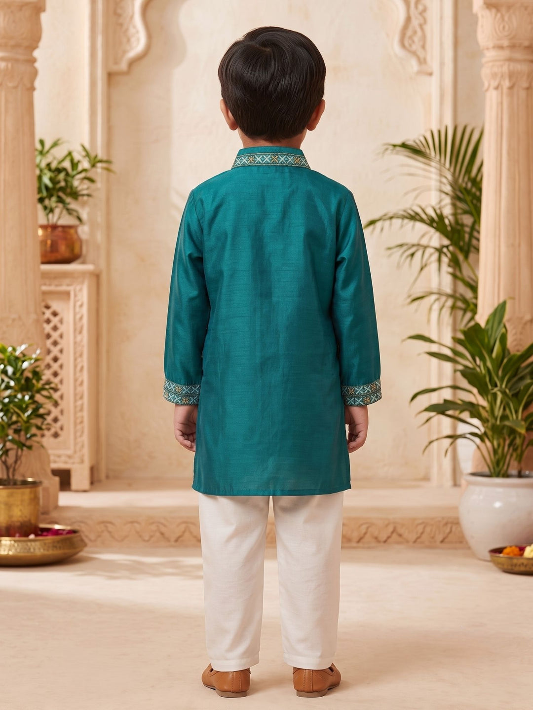 Blue Mashru Embroidered Kurta Pajama