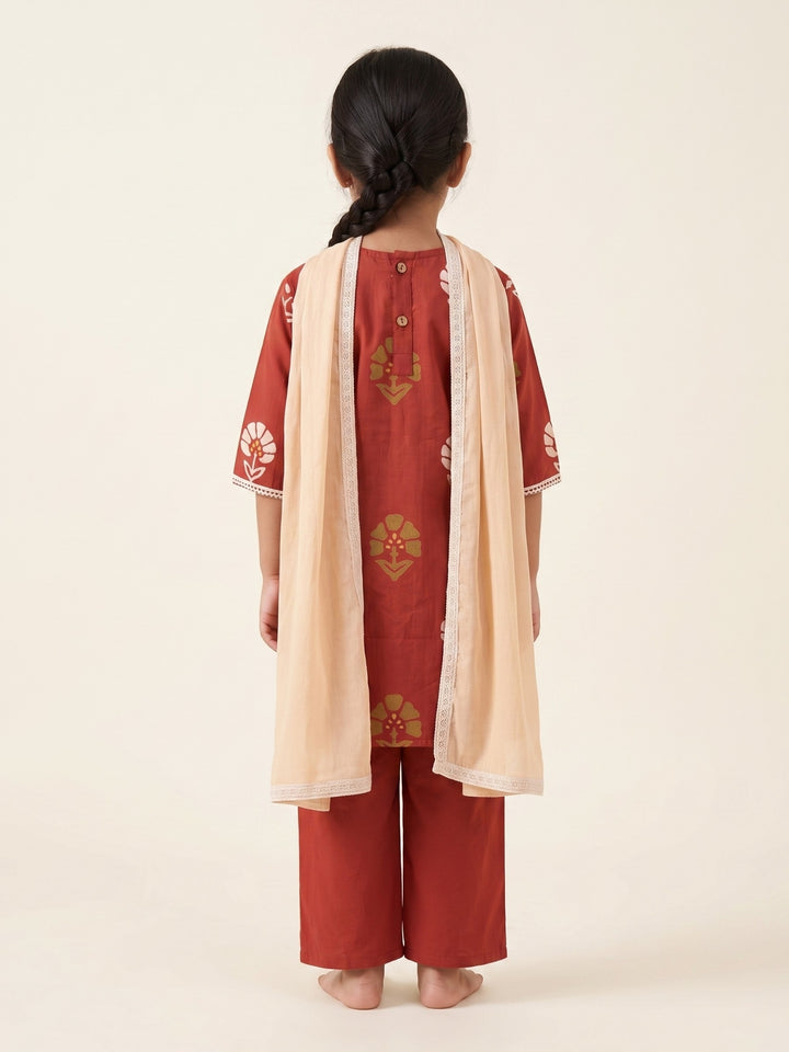 Red Floral Block Print Kurti Set