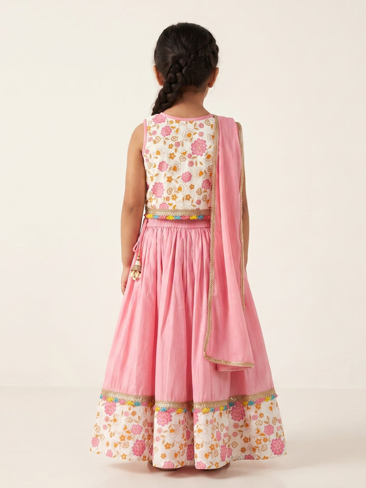 Pink Golden Foil Printed Lehenga Choli Set &amp; Dupatta