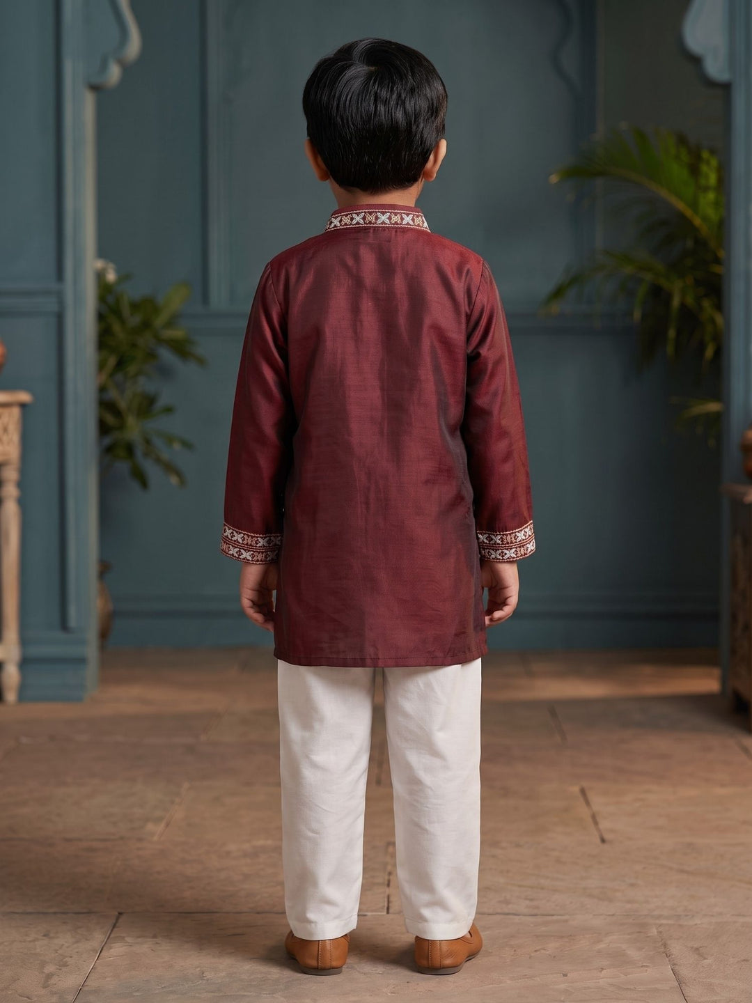 Maroon Mashru Embroidered Kurta Pajama