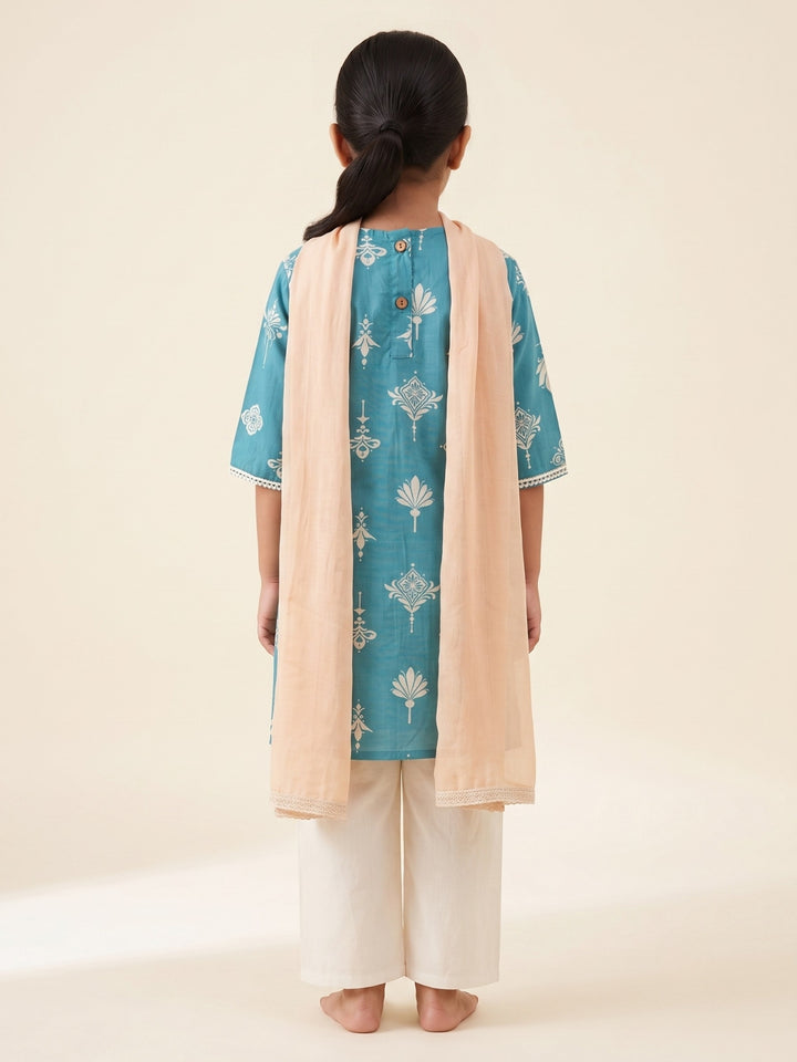 Teal Floral Print Kurti Set