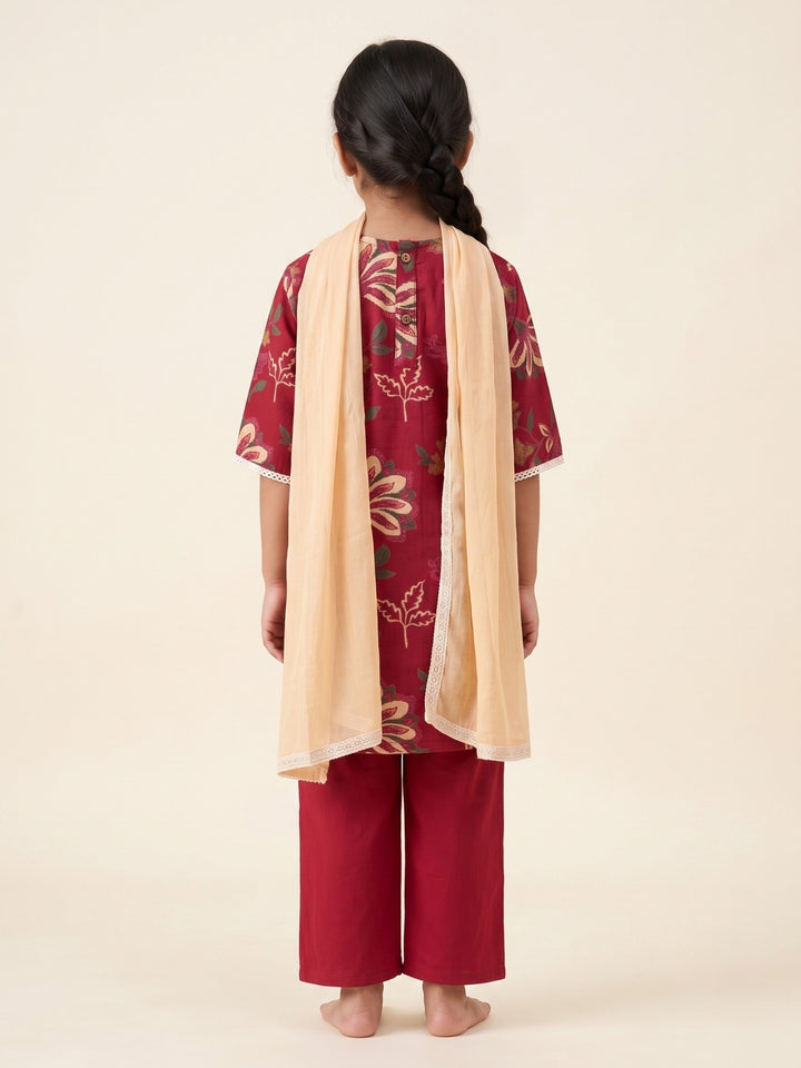 Red Floral Vine Print Kurti Set