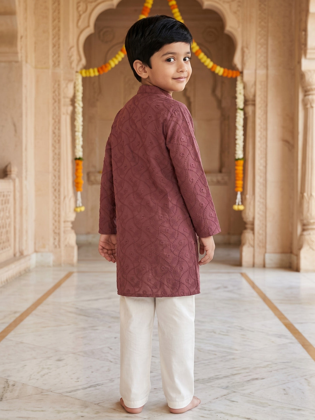 Wine Schiffli Embroidered Kurta Pajama