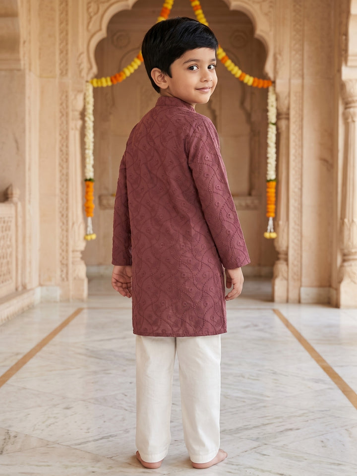 Wine Schiffli Embroidered Kurta Pajama