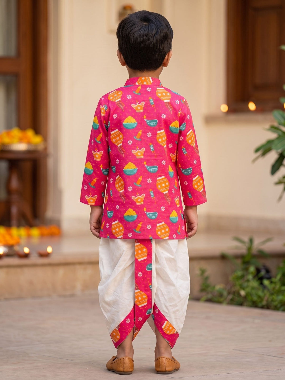 Pink Festive Motif Kurta Dhoti Set