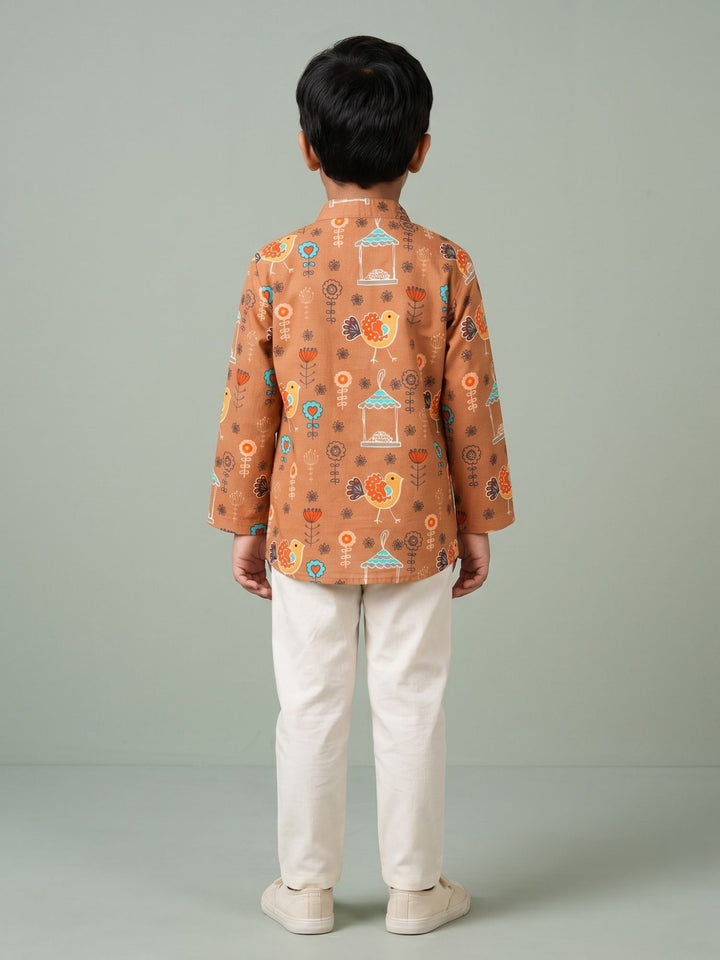 Brown Floral Bird Short Kurta