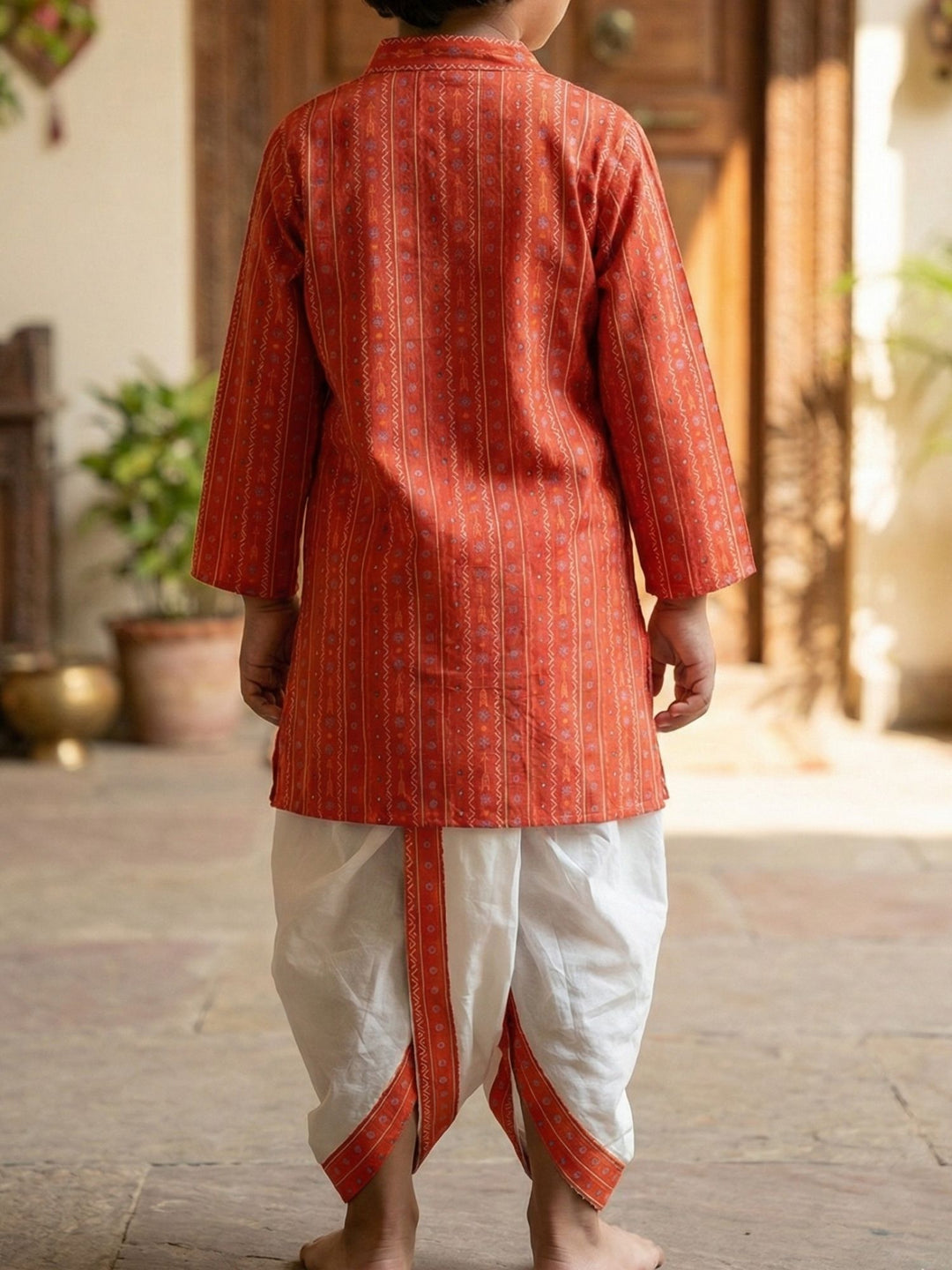 Orange Tribal Motif Kurta Dhoti Set