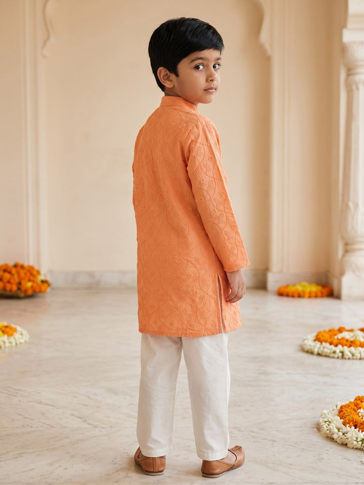 Peach Schiffli Embroidered Kurta Pajama