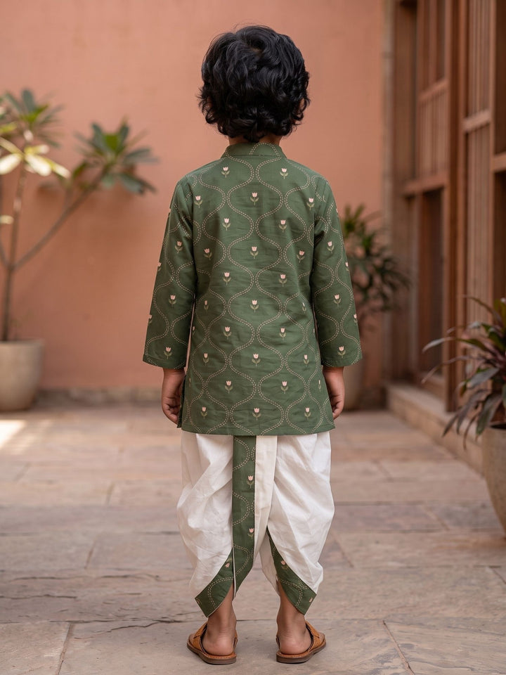Olive Tulip Floral Bud Kurta Dhoti Set