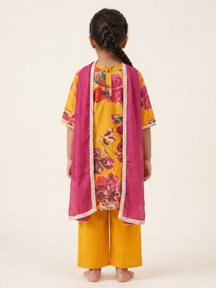 Mustard Water Color Floral Print Kurti Set
