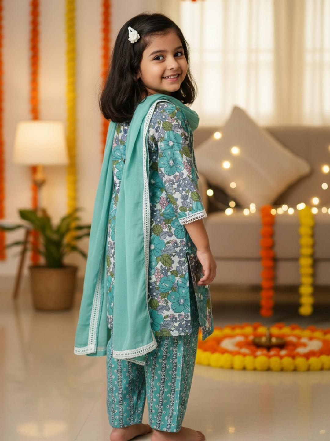 Blue Floral Print Kurti Set