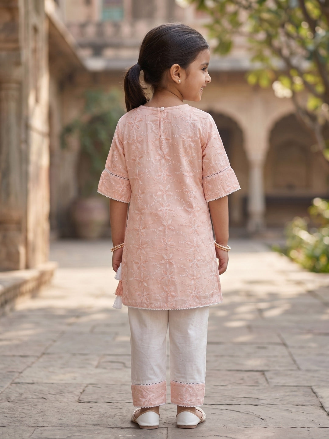 Peach Embroidered Kurti Set
