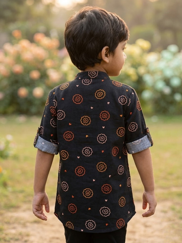 Charcoal Floral Motif Short Kurta