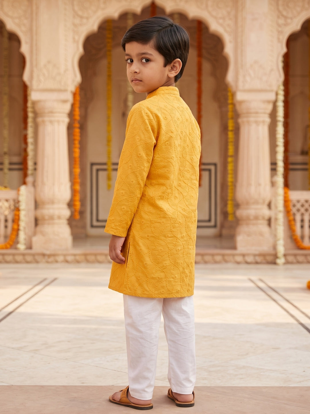 Yellow Schiffli Embroidered Kurta Pajama