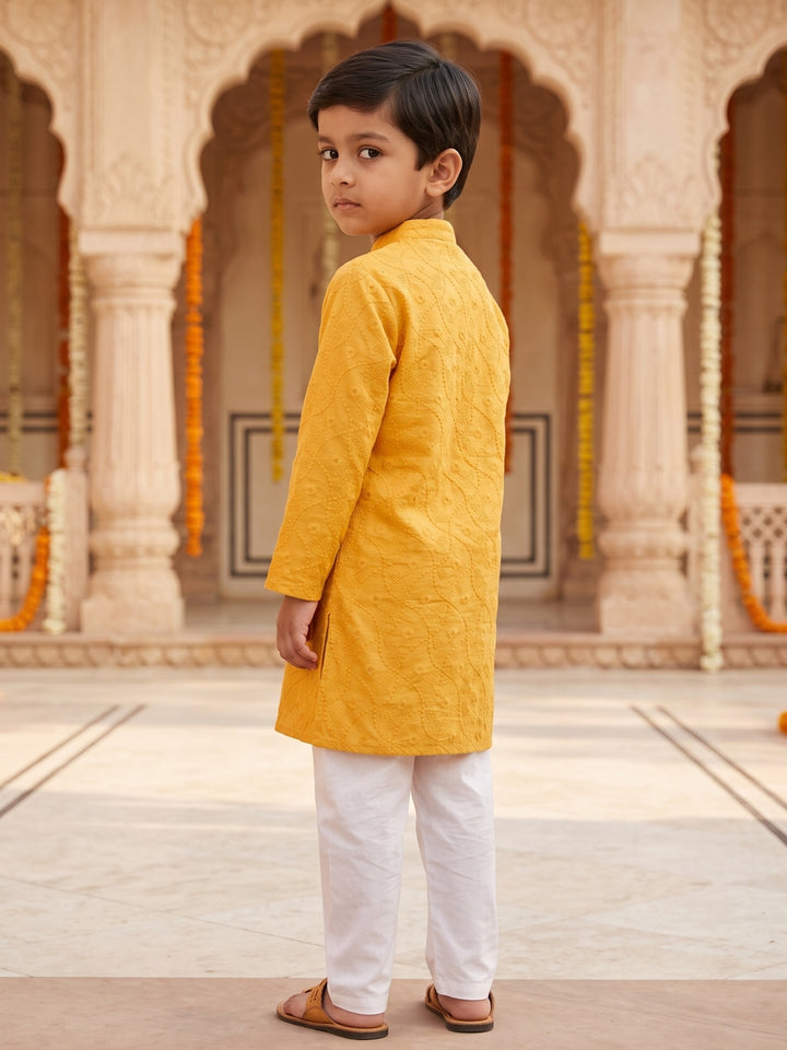 Yellow Schiffli Embroidered Kurta Pajama