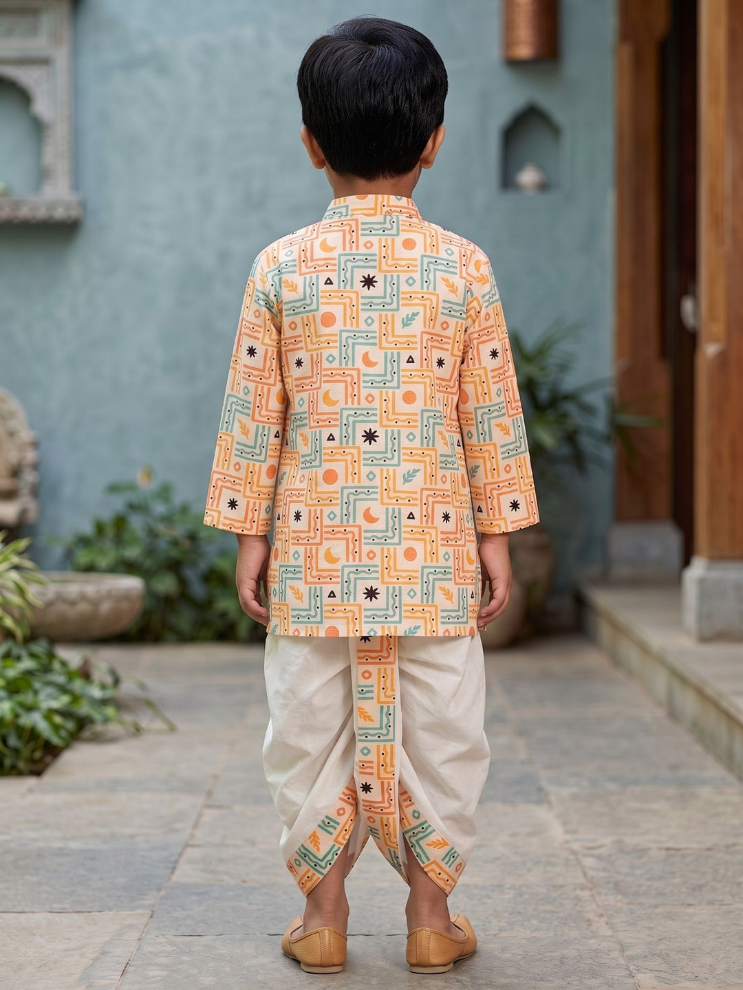White Boho Geometric Kurta Dhoti Set