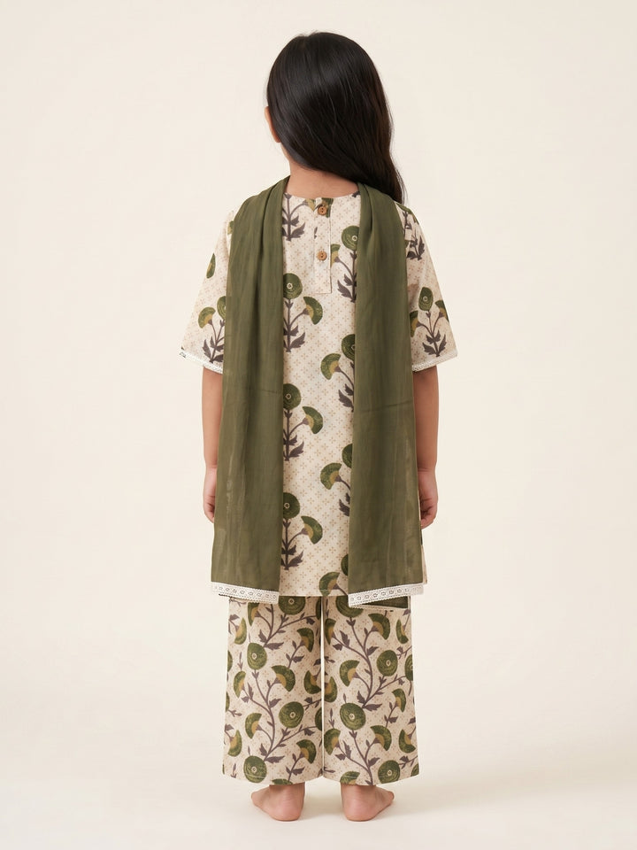 Cream Floral Motif Print Kurti Set