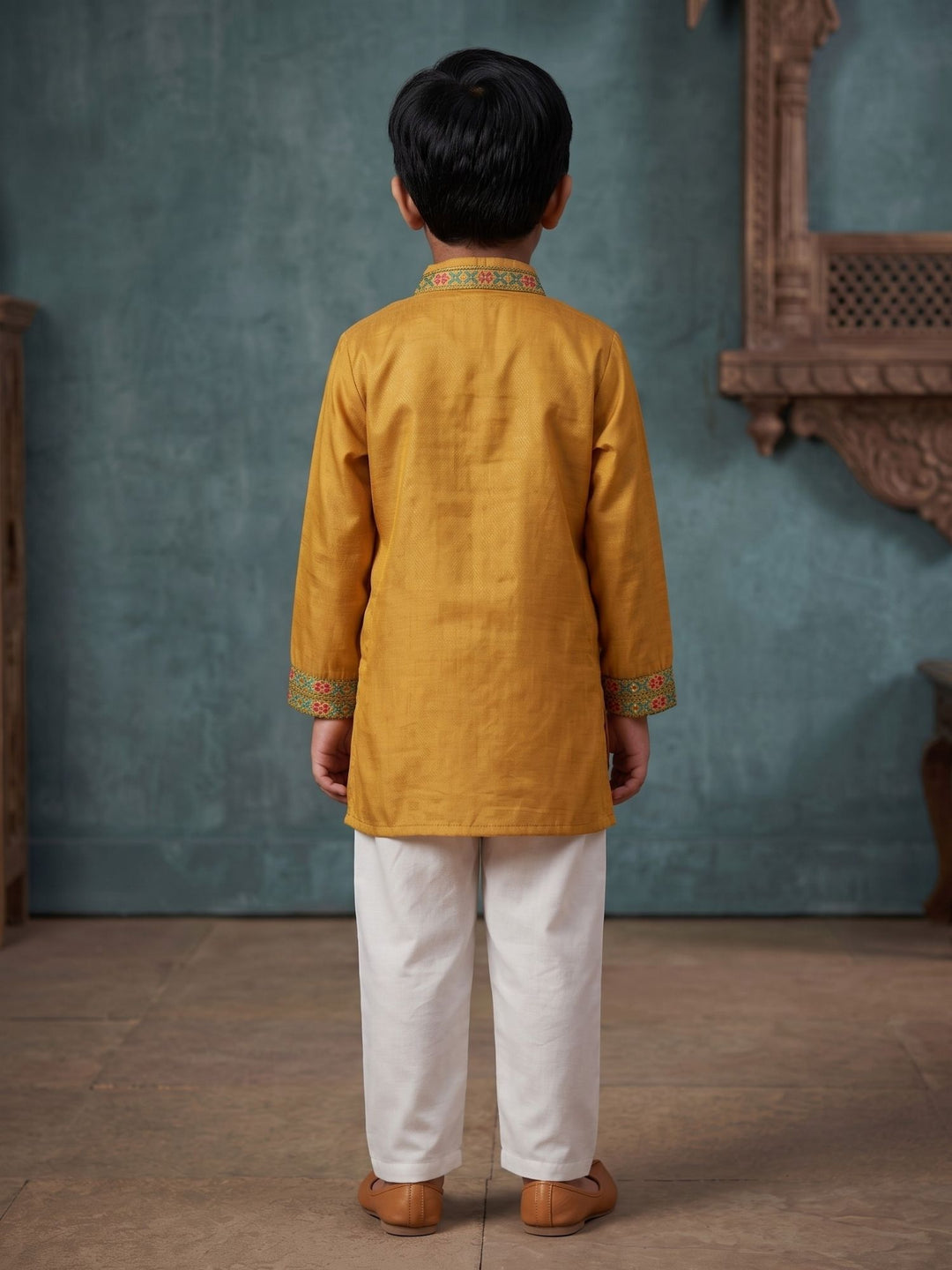 Yellow Mashru Embroidered Kurta Pajama