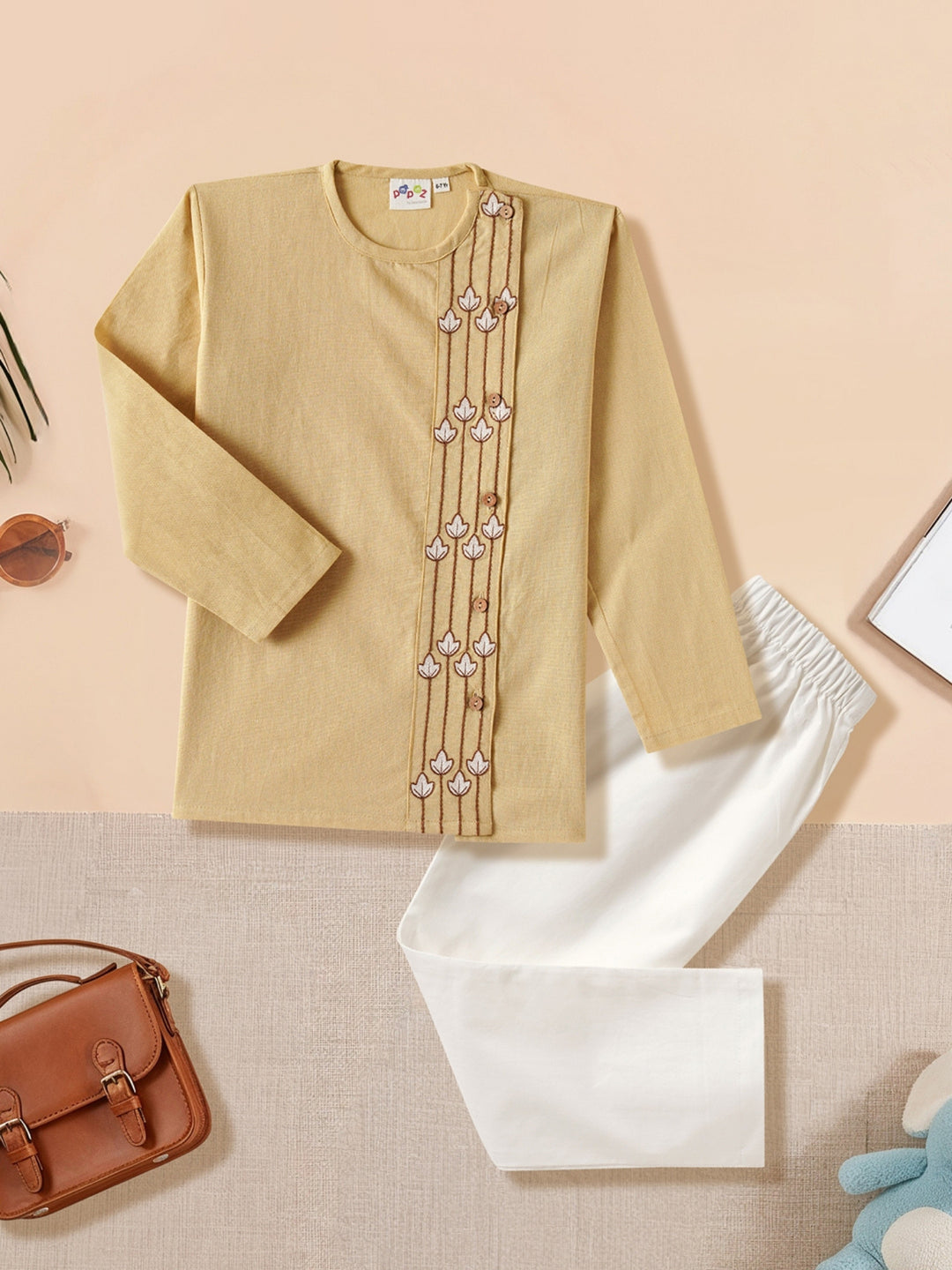 Beige Embroidered Side Cut