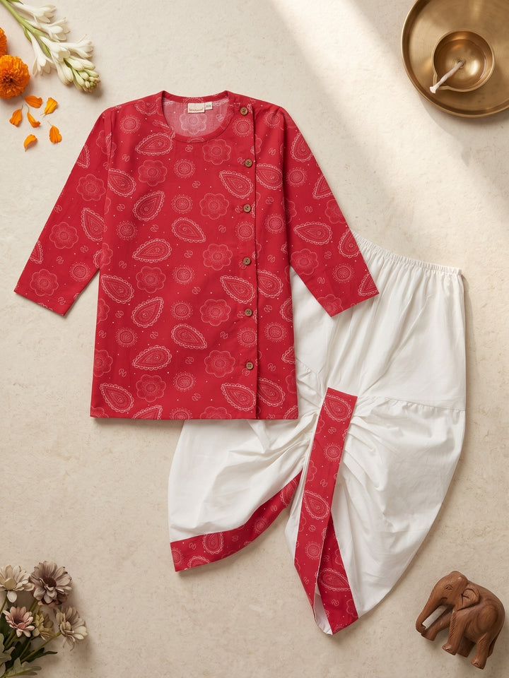 Red Bengali Paisley Kurta Dhoti Set