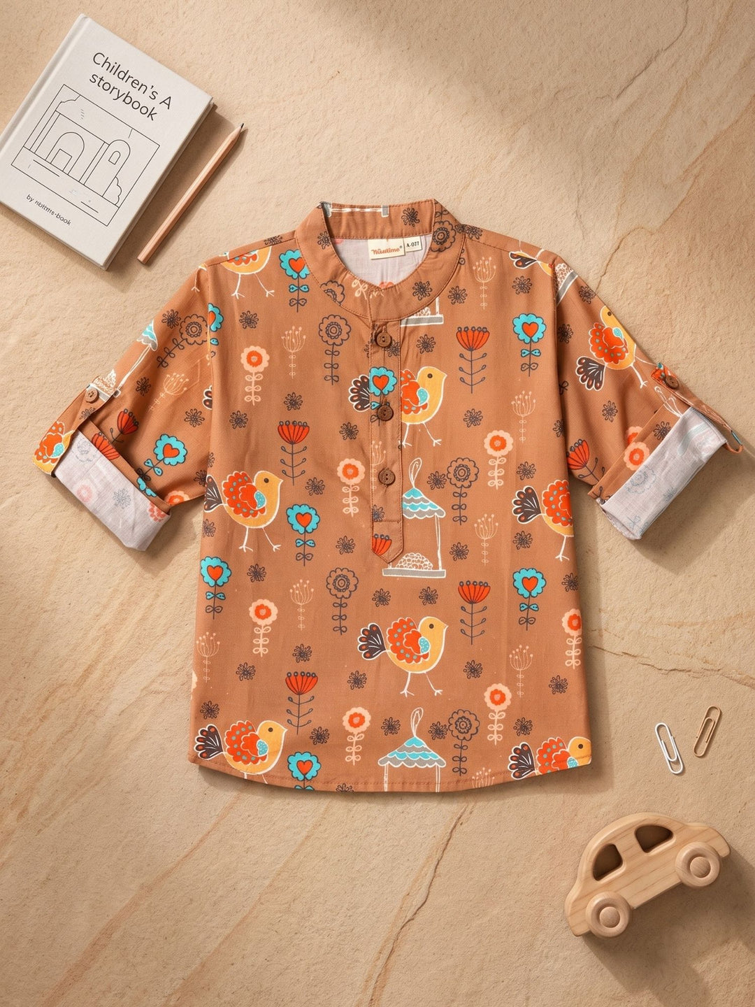 Brown Floral Bird Short Kurta