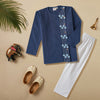 Kurta Pajama - Navy Blue Embroidered with side cut
