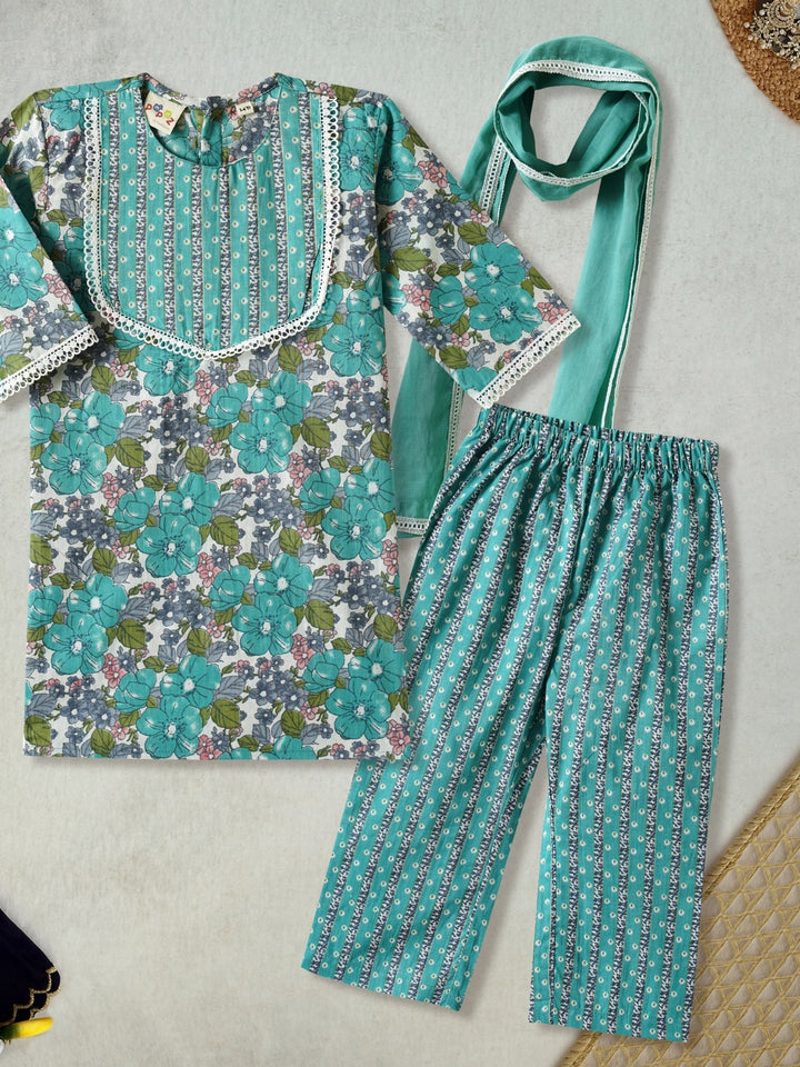 Blue Floral Print Kurti Set