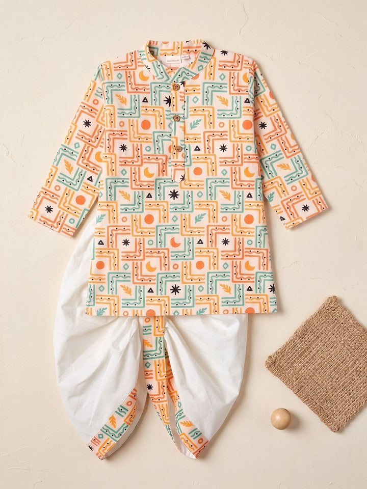 White Boho Geometric Kurta Dhoti Set