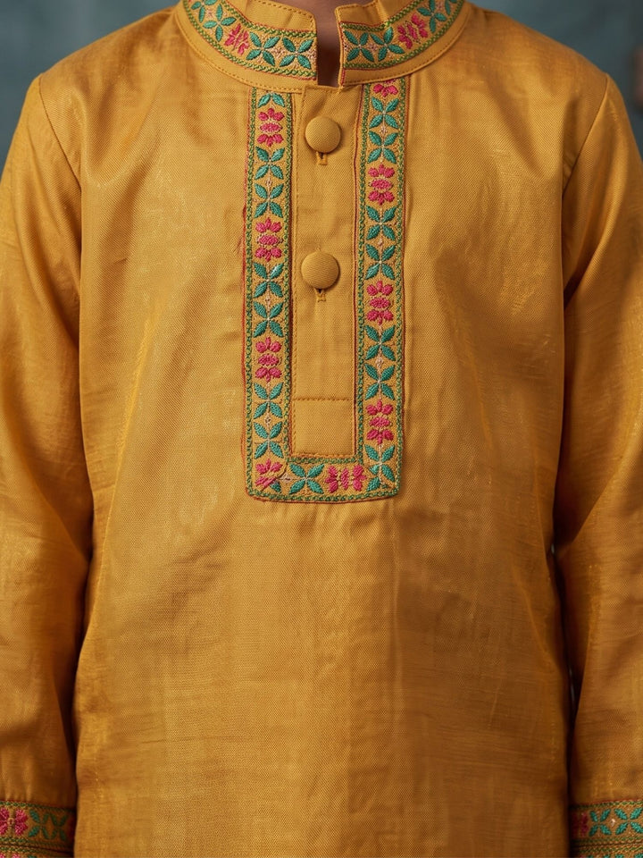 Yellow Mashru Embroidered Kurta Pajama