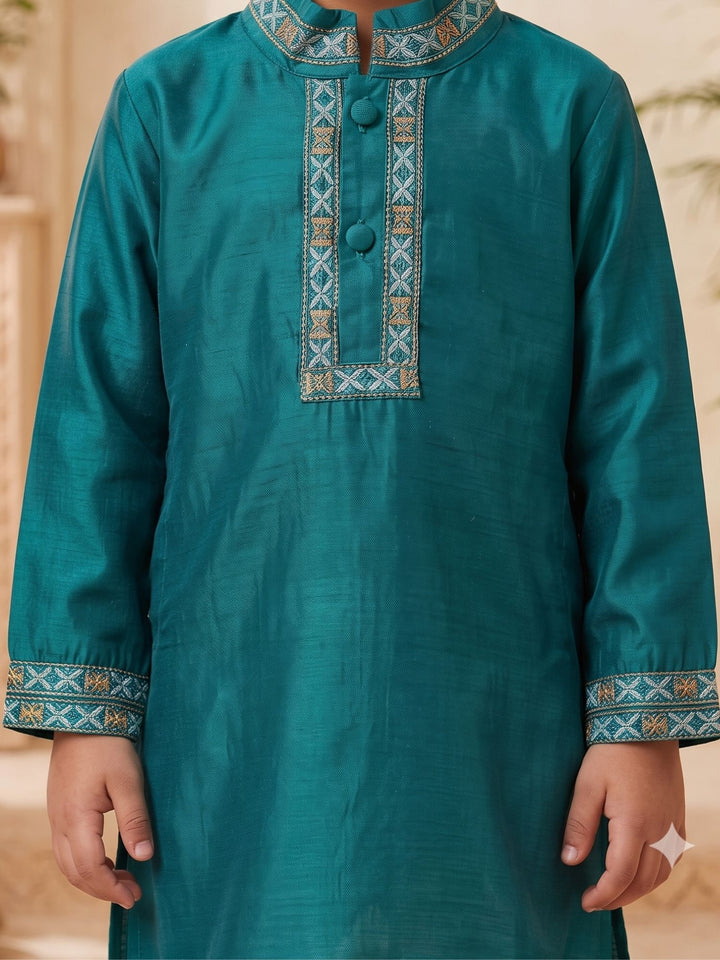 Blue Mashru Embroidered Kurta Pajama
