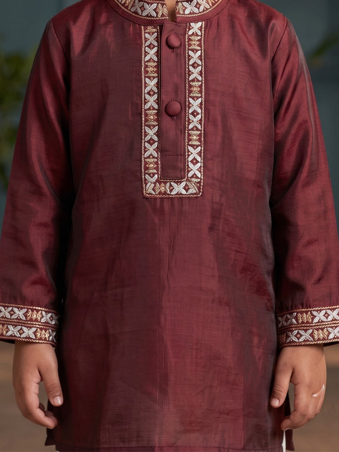 Maroon Mashru Embroidered Kurta Pajama