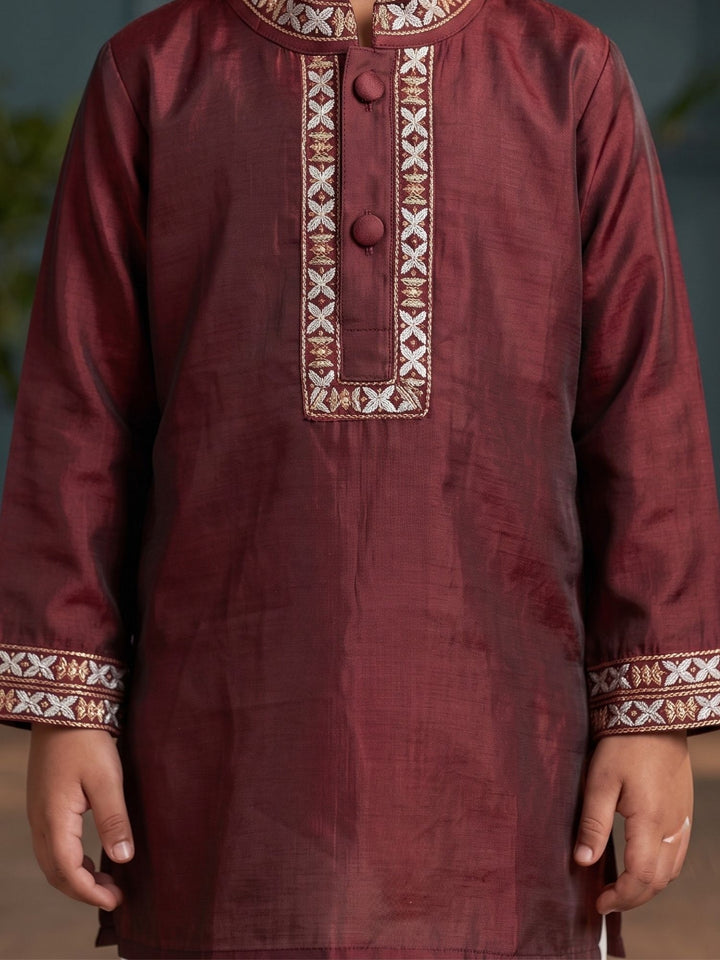 Maroon Mashru Embroidered Kurta Pajama