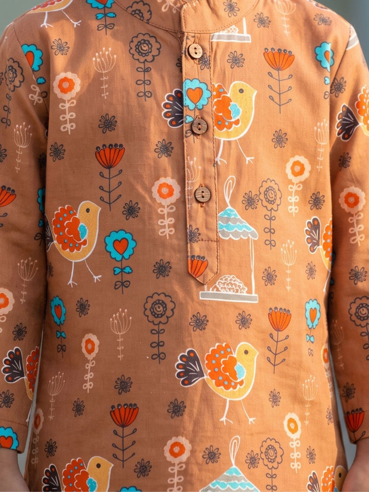 Brown Floral Bird Short Kurta
