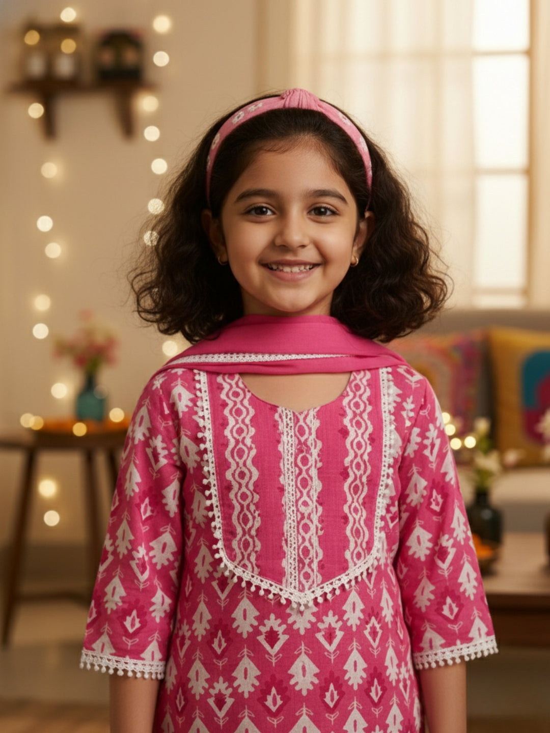 Pink Motif Print Kurti Set