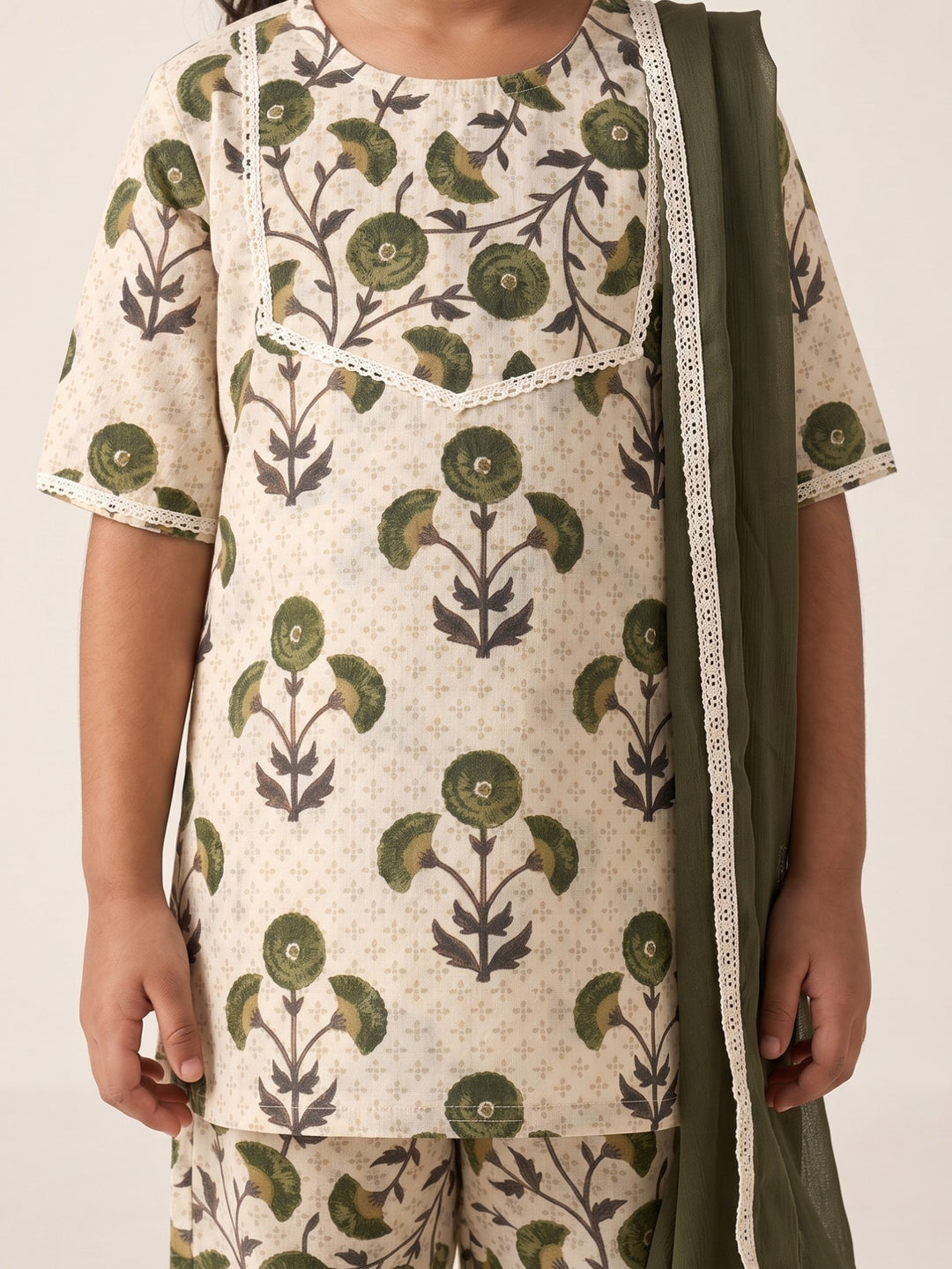 Cream Floral Motif Print Kurti Set