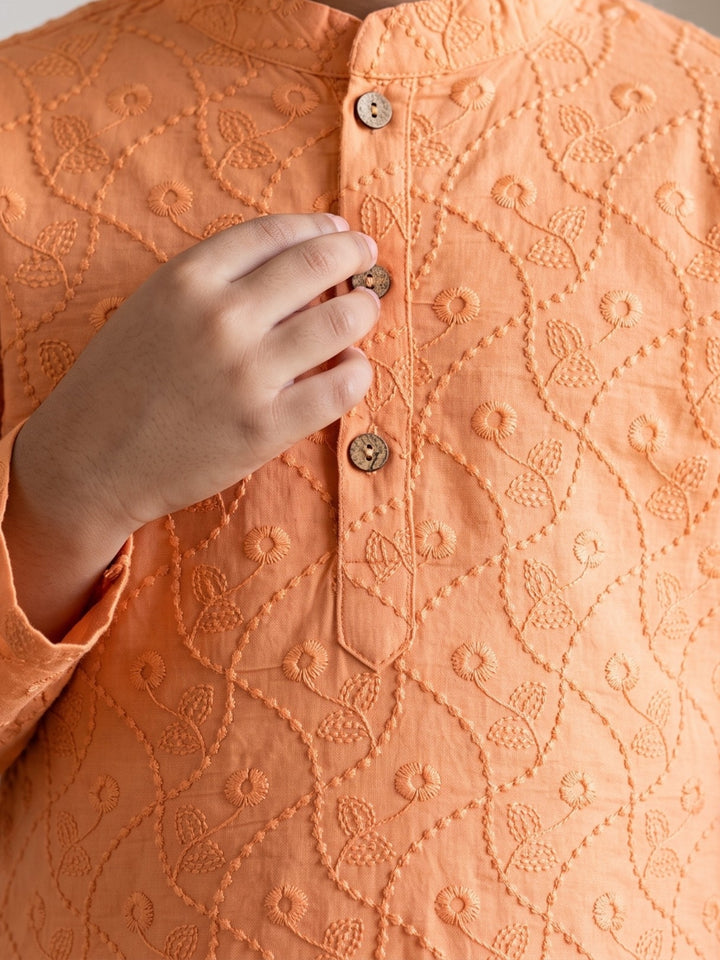 Peach Schiffli Embroidered Kurta Pajama