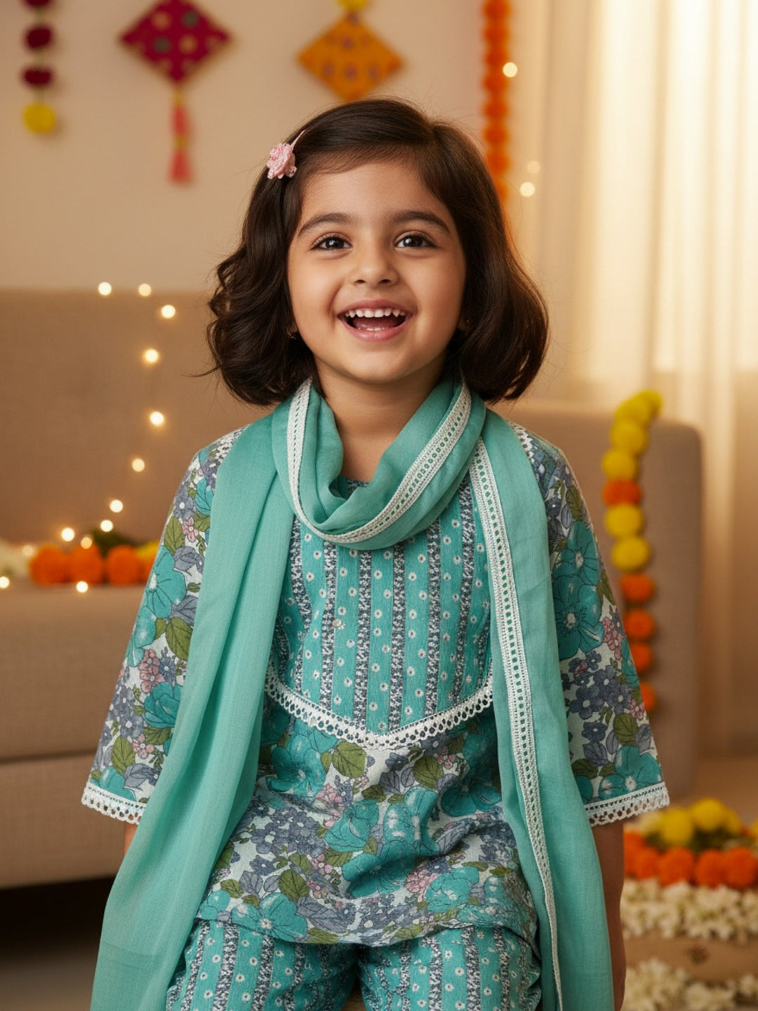 Blue Floral Print Kurti Set