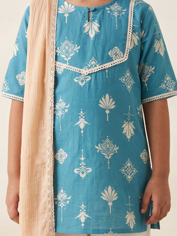 Teal Floral Print Kurti Set