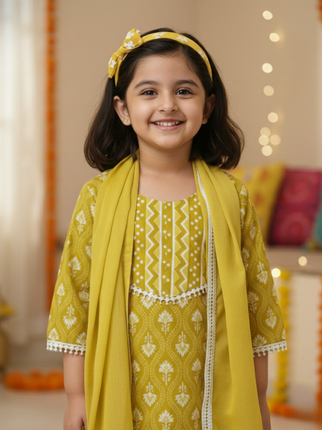 Mustard Motif Print Kurti Set