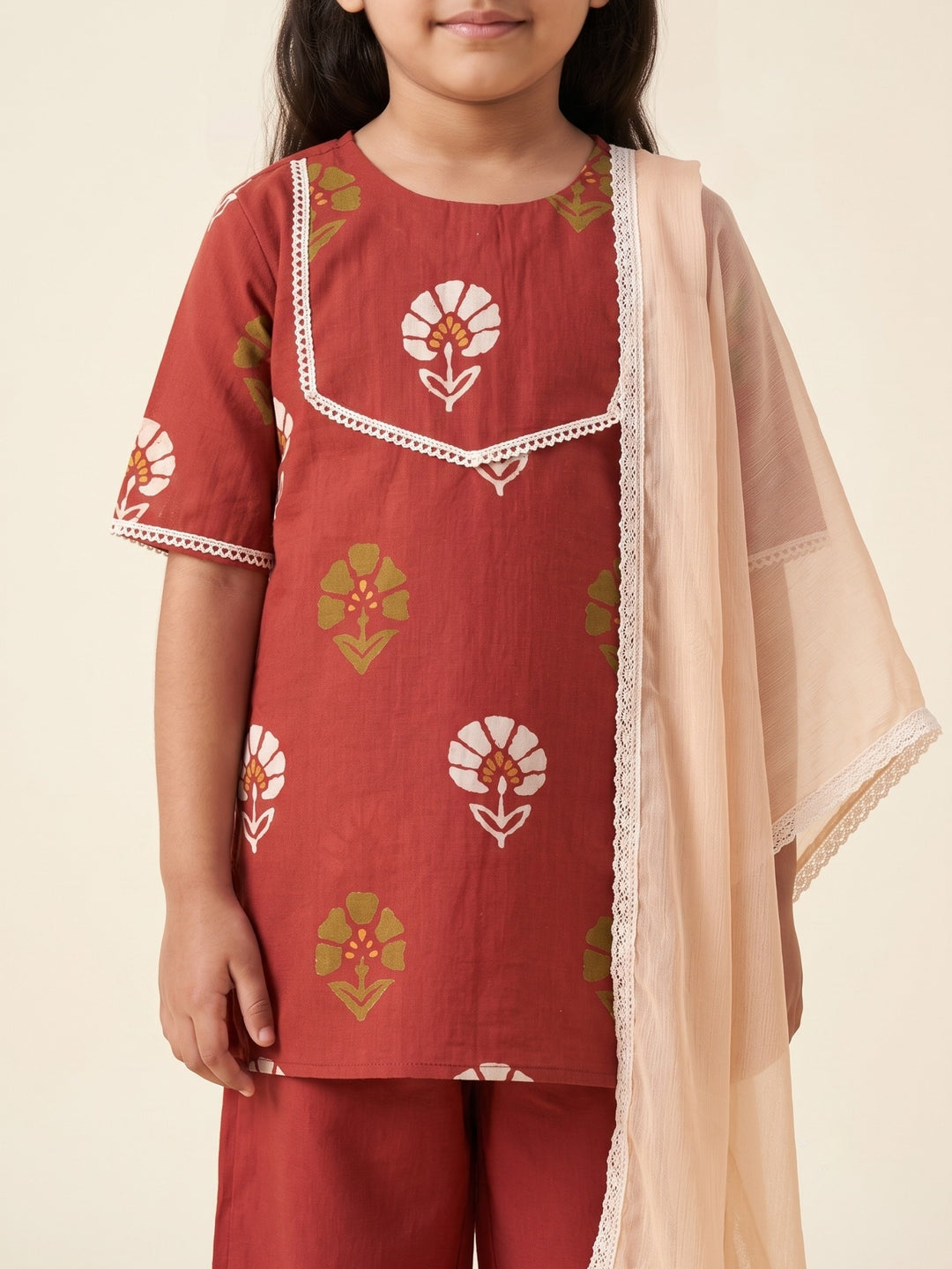 Red Floral Block Print Kurti Set