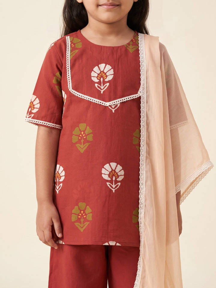 Red Floral Block Print Kurti Set