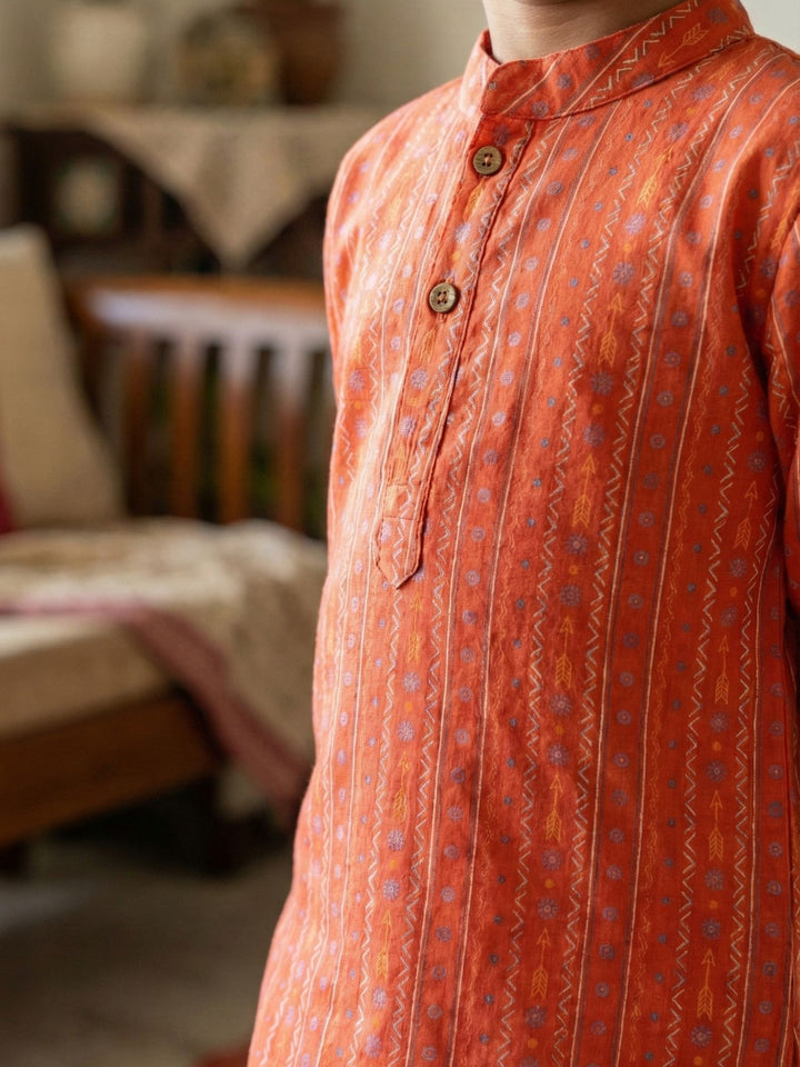 Orange Tribal Motif Kurta Dhoti Set