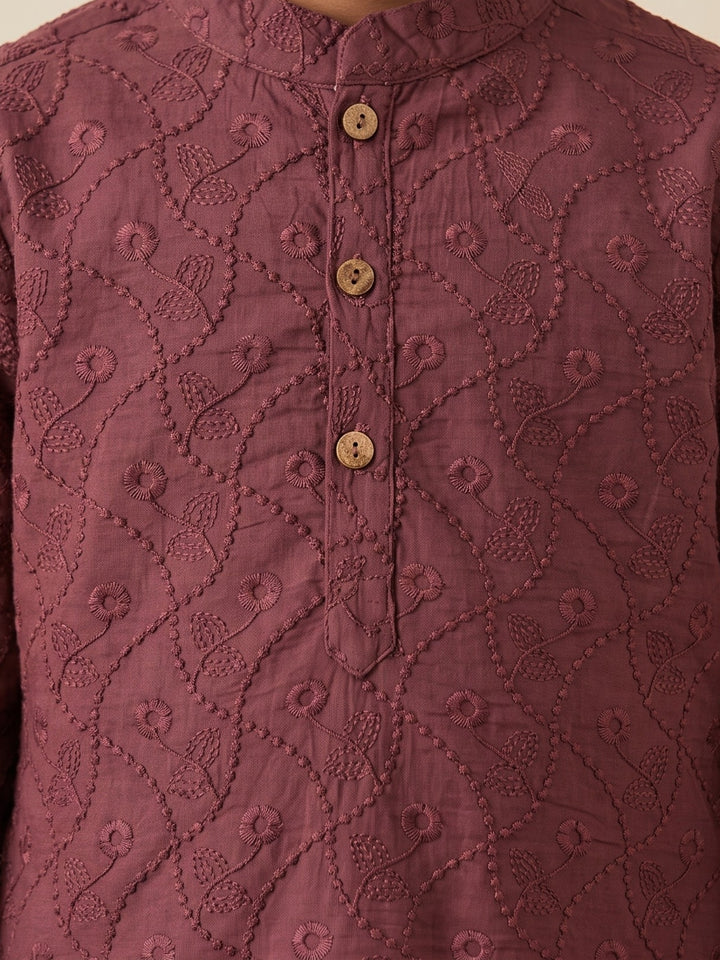 Wine Schiffli Embroidered Kurta Pajama