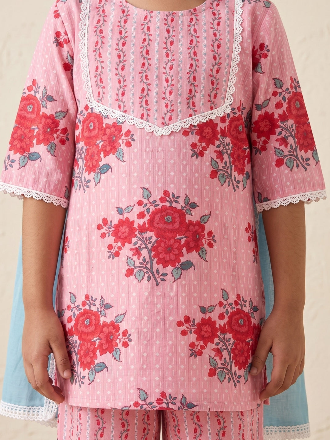 Pink Floral Buds Print Kurti Set