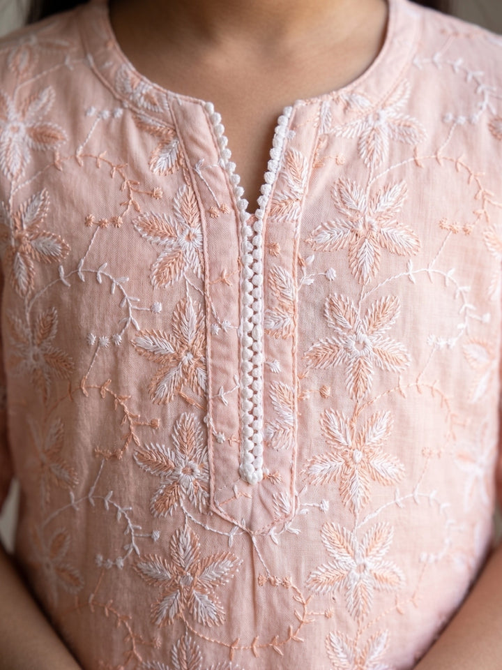 Peach Embroidered Kurti Set