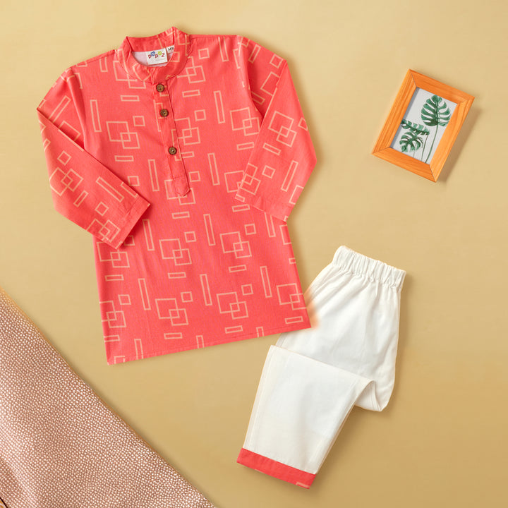 Coral Geometric Shapes Print Kurta Pajama Set