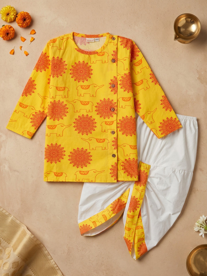 Yellow Elephant Mandala Kurta Dhoti Set